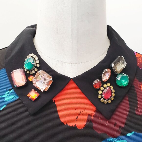 Trina Turk Womens Black Bright Floral Print Jeweled Collar Shift Dress 10 - Picture 3 of 11